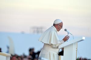 Pope Francis addressing a large crowd of pilgrims at the prayer vigil in Campus Misericordiae, Krakow, July 30, 2016. The organizers said an estimated 1.6 million pilgrims attended the vigil.