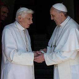 Pope Francis welcomes Benedict XVI back to the Vatican at Mater Ecclesia Monastery. 