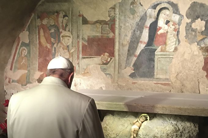 Pope Francis visits the place of the first Nativity scene in Greccio, Italy, on Jan. 4, 2015. 