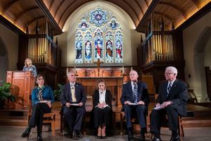 Panel at Oct. 2 pro-life event at Georgetown University. EWTN host Catherine Szeltner is shown introducing the speakers.