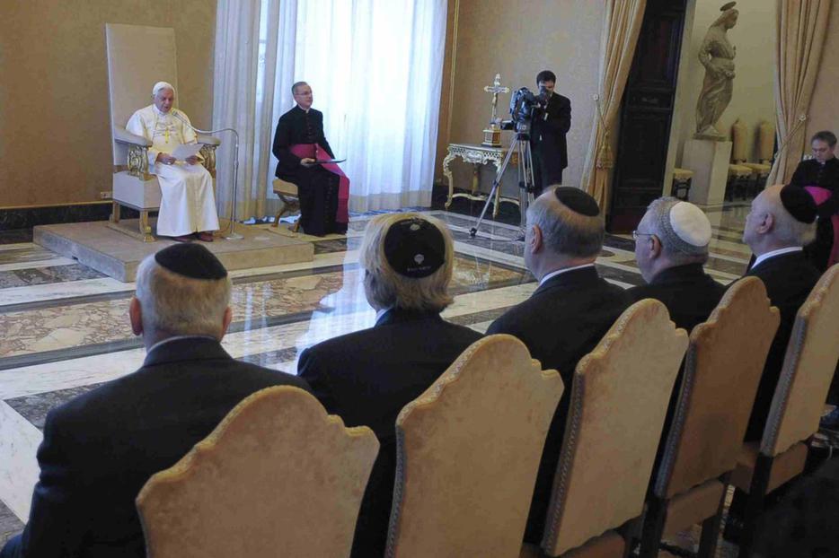 The Pope speaks Feb. 12 at the Vatican with a delegation of the Conference of Presidents of Major American Jewish Organizations.
