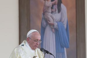 Pope Francis speaks to the crowds during the celebration of Mass at Bicentennial Park in Quito, Ecuador, on July 7 during his trip to South America.