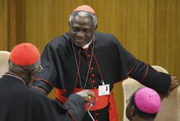 Cardinal Peter Turkson of Cape Coast, Ghana (c) talks with a cardinal and bishop before the start of a session of the Synod of Bishops for Africa at the Vatican last October. 
