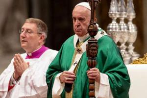 Pope Francis carries a new crosier for the Amazon synod closing Mass Oct. 27. Daniel Ibanez/CNA.