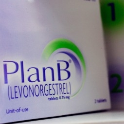 The Plan B pill, also known as the morning-after pill, is displayed on a pharmacy shelf in Boston.