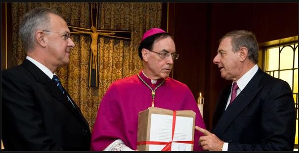 Supreme Knight Carl Anderson (left) with Archbishop Henry Mansell of Hartford, Conn., and Dr. Andrea Ambrosi, postulator of the cause for canonization of Father McGivney.
