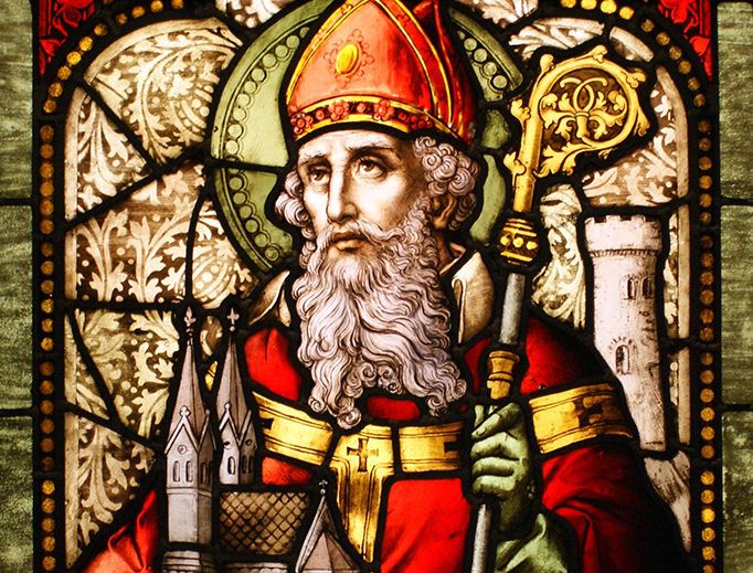 Saint Patrick stained glass window from Cathedral of Christ the Light, Oakland, California.