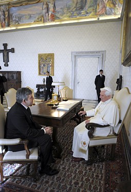 Pope Benedict XVI speaks with Britain's Prime Minister Gordon Brown during their meeting at the Vatican Feb. 19, 2009.