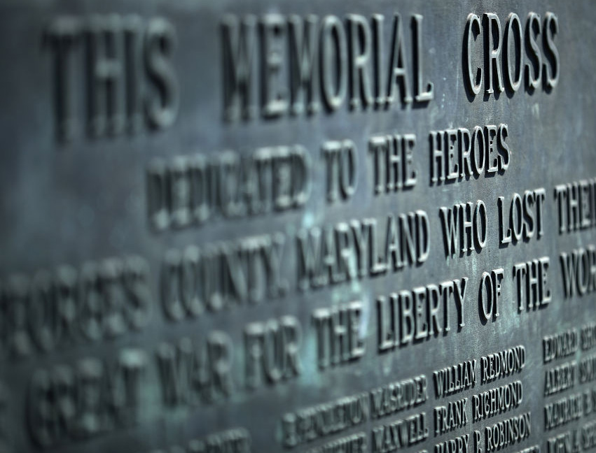 A detail from the plaque at the base of a 40-foot cross that honors 49 fallen World War I soldiers from Prince George’s County Feb. 28, 2019, in Bladensburg, Maryland. 