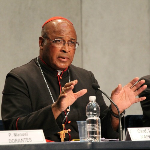 Cardinal Wilfrid Napier speaks at the Vatican Press Office on Oct. 14, 2014.