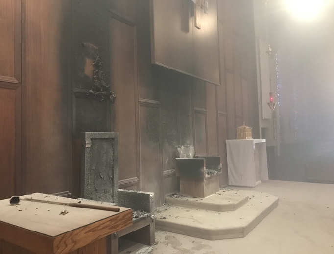 The inner sanctuary of the Co-Cathedral of St. Thomas More after the fire