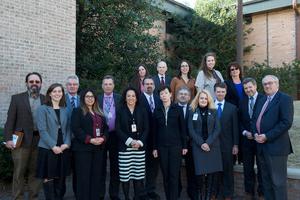 Most of the Register staff, along with EWTN CEO and Register Publisher Michael Warsaw (far right), gathered at EWTN in spring 2017.