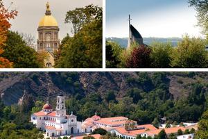Clockwise from top left: The University of Notre Dame, Franciscan University of Steubenville and Thomas Aquinas College are among those colleges changing their commencement plans amid the coronavirus pandemic.