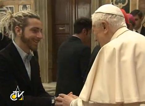 Pope Benedict XVI meeting a young participant after addressing the Pontifical Council for Culture's plenary on "Emerging Youth Cultures". Feb. 7th, 2013