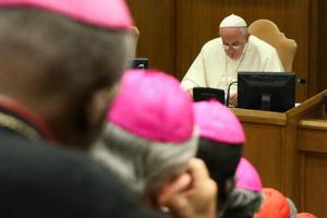 Pope Francis leads a session of the synod on the family inside the Vatican's Synod Hall on Oct. 10, 2014.