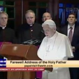 Pope Benedict XVI seen giving his farewell address from Havana March 28.