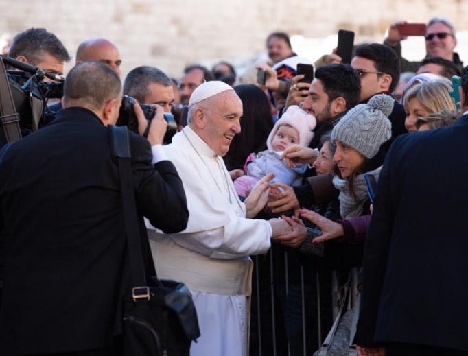 Pope Francis visits with pilgrims on a trip to Bari on February 23, 2020. 