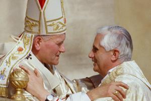 Pope John Paul II with Cardinal Joseph Ratzinger during his papal inauguration Oct. 22, 1978, in Vatican City.The pope emeritus wrote a letter to the Polish bishops for the centennial of the birth of Pope St. John Paul II, May 18, 2020.