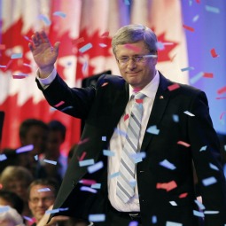 Conservative Party leader and Canadian Prime Minister Stephen Harper waves to supporters in Calgary, Alberta, May 2. Harper scored a goal that had long eluded him, leading the Conservatives to the majority government he had failed to obtain in the last three elections.