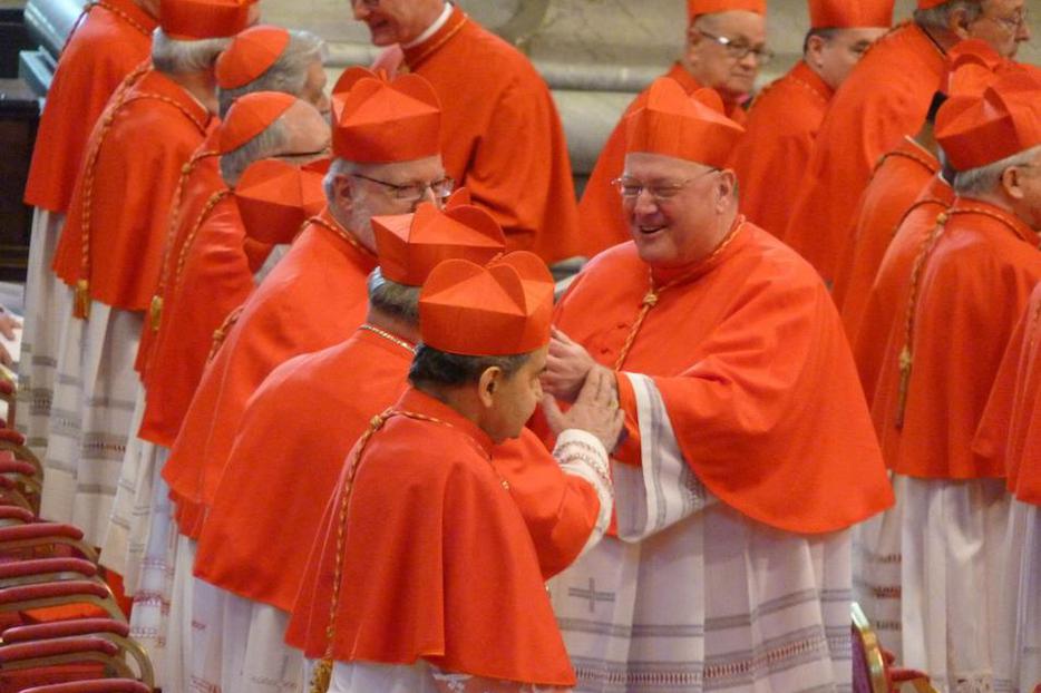 Cardinal Timothy M. Dolan of New York is greeted by his brother cardinals after being elevated to the College of Cardinals inside St. Peter's Basilica, Feb. 18, 2012.