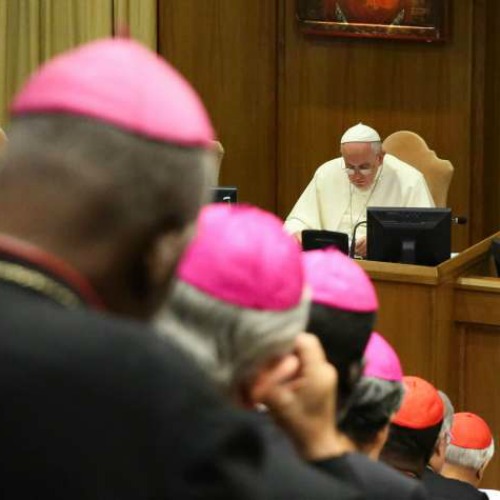 Pope Francis leads a session of the synod on the family inside the Vatican's Synod Hall on Oct. 10.