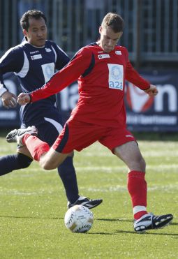CLERICUS CUP. Pontifical North American College seminarian John Gibson of the Archdiocese of Milwaukee competes in the Clericus Cup against the Pontifical College of St. Paul in Rome Feb. 27. The U.S. team won the soccer match 2-0.