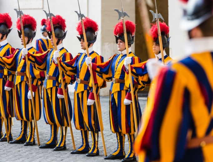 Swiss guards stand at attention on November 5, 2015. 