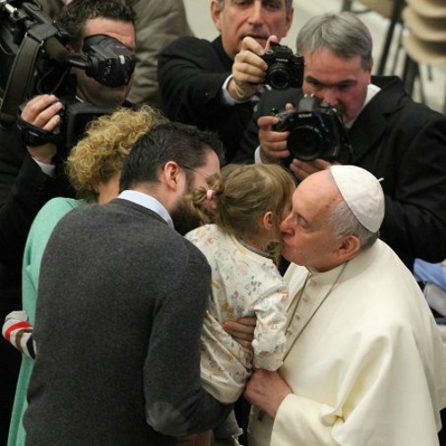 Pope Francis greets pilgrims present in the Vatican's Paul VI Hall for his Jan. 28, 2015 general audience.