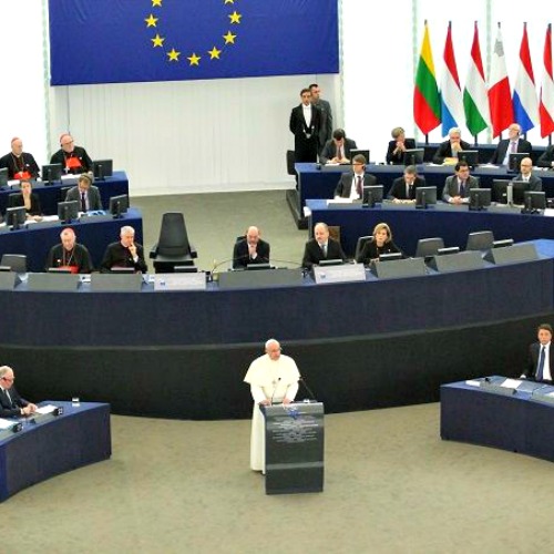 Pope Francis addresses the European Parliament in Strasbourg on Nov. 25.