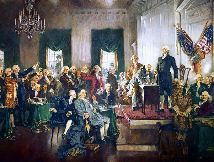 Howard Chandler Christy, “Scene at the Signing of the Constitution of the United States” (1940, Public Domain, via Wikimedia Commons)