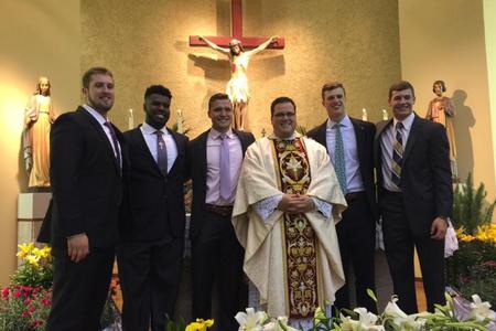 From left to right, Davis Beard, Nick Williams, Grant Aasen, Father Joshua Allen, Harrison Butker and Zach Matthews at the 2017 Easter vigil. Beard, Matthews and Williams entered the Church this year at Georgia Tech's Catholic center.
From left to right, Davis Beard, Nick Williams, Grant Aasen, Father Joshua Allen, Harrison Butker and Zach Matthews at the 2017 Easter vigil. Beard, Matthews and Williams entered the Church this year at Georgia Tech's Catholic center.