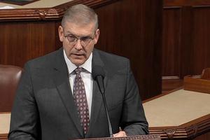 Rep. Barry Loudermilk speaks from the House floor during impeachment proceedings for President Donald Trump. 