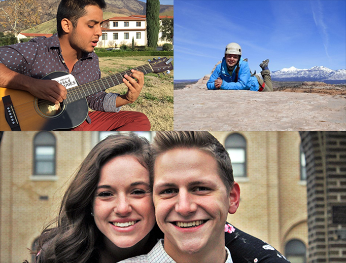 UPPER LEFT: Jose Guardiola. UPPER RIGHT: Sophia Michael on mountaintop. BOTTOM: Corinne Zay and Philip Rhein.