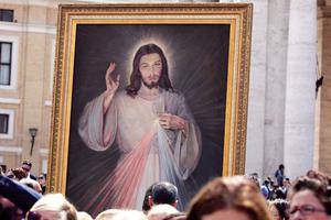 The Divine Mercy image is on display at the Regina Caeli with Pope Francis in St. Peter’s Square April 23, 2017.