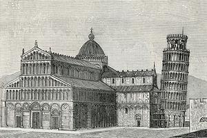 Woodcut of the Duomo of Pisa and its leaning campanile.