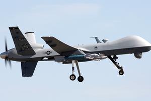 An MQ-9 Reaper flies above Creech AFB during a training mission.