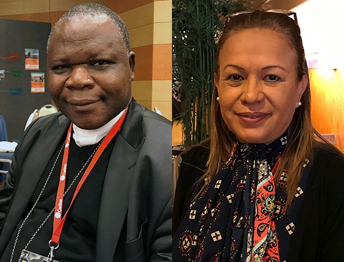 Cardinal Dieudonné Nzapalainga (L), president of Caritas in the Central African Republic; Janeth Marquez (R), Caritas representative for Venezuela