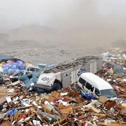 Houses and cars are swept out to sea in Kesennuma, Japan, March 11. A magnitude 8.9 earthquake, the strongest to hit Japan in 140 years, struck the northeast coast in the afternoon. The quake triggered a tsunami that swept away everything in its path, in cluding houses, ships, cars and farm buildings
