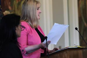 New Hampshire State Senate President Donna Soucy announces the tally following a vote on the death penalty at the State House in Concord, N.H.,May 30. New Hampshire, which hasn't executed anyone in 80 years and has only one inmate on death row, became the latest state to abolish the death penalty when the state Senate voted to override the governor's veto. 