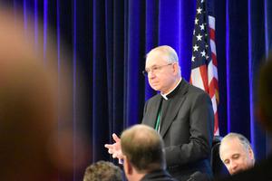 Archbishop José Gomez of Los Angeles addresses his brother bishops after being elected to a three-year term as president of the U.S. Conference of Catholic Bishops during the second day of the USCCB’s fall meeting in Baltimore Nov. 12. He assumed the helm Nov. 14.
