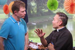 Former altar boy Bobby Flay issues his fajita throwdown challenge to Father Leo Patalinghug on the Food Network.