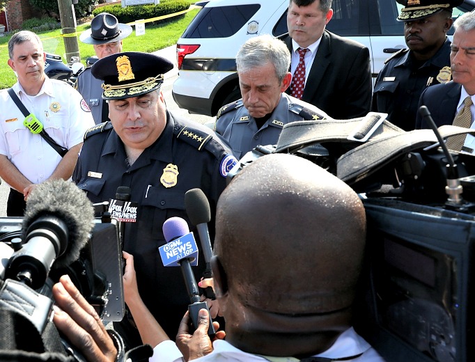 Capitol Hill Chief of Police Matthew Verderosa briefs members of the press near Eugene Simpson Field, the site where a gunman opened fire June 14 in Alexandria, Virginia.