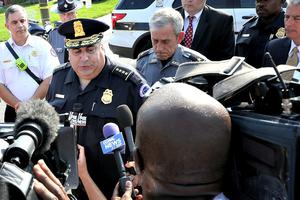 Capitol Hill Chief of Police Matthew Verderosa briefs members of the press near Eugene Simpson Field, the site where a gunman opened fire June 14 in Alexandria, Virginia.