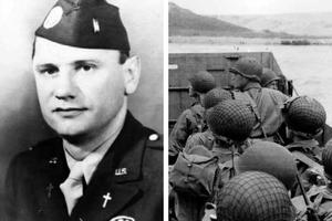 Above right, U.S. assault troops in an LCVP landing craft approach Omaha Beach on June 6, 1944. Father Ignatius Maternowski (shown at left) died that fateful day. 