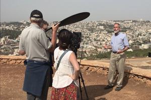 Leonardo Defilippis, the series narrator, films Messiah at Precipice Hill overlooking Nazareth.