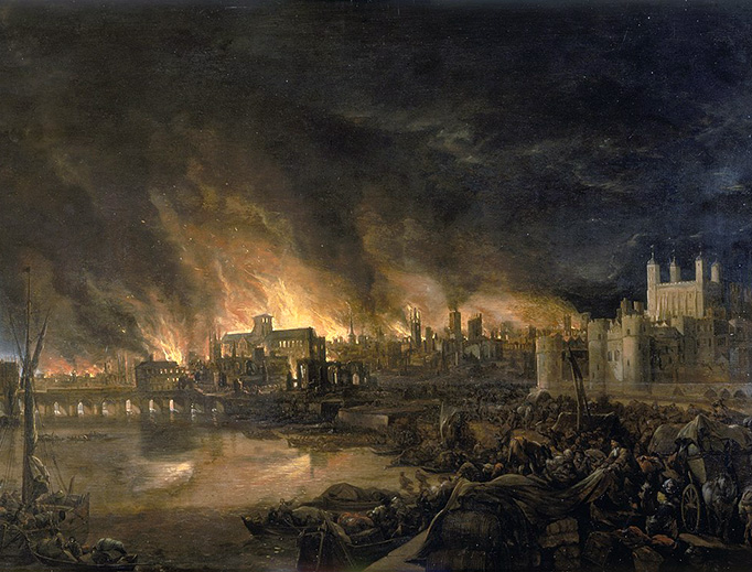 This anonymous 1675 painting shows the great fire of London as seen from a boat in vicinity of Tower Wharf. The painting depicts Old London Bridge, various houses, a drawbridge and wooden parapet and several churches, including Old St. Paul’s.