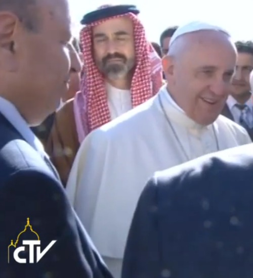 Pope Francis smiles as he meets with Muhammad Ahmad Hussein, the grand mufti of Jerusalem, and other Muslim leaders on May 26.