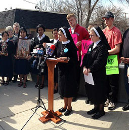 Sr. Noemia Silva speaks at an April 22 press conference in Melrose Park, Illinois.