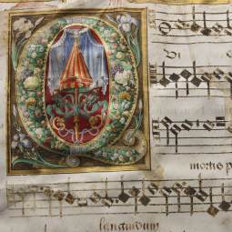 A reproduction of music in a hymnal from the 1500s is seen in a new exhibit on the Vatican Library at the Vatican Nov. 9. The exhibit gives visitors a glimpse of the treasures of the Vatican Library, which is only open to accredited scholars.