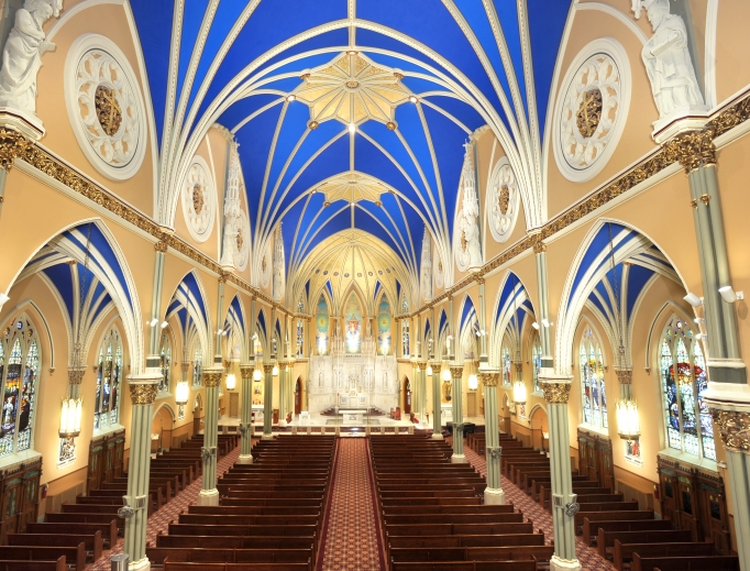 Above, bold color decorates the work of Daprato Rigali Studios at St. Alphonsus Church in Chicago. Below, a look at the 2014 renovation of the Co-Cathedral of St. Joseph in Brooklyn, New York, by Evergreene Architectural Arts.